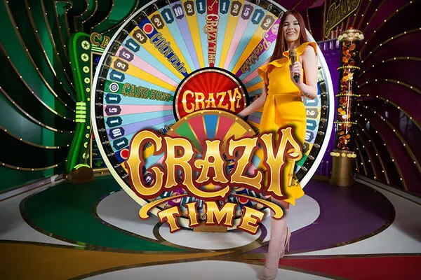 Cena do Crazy Time com a roda do jogo e a apresentadora no estúdio